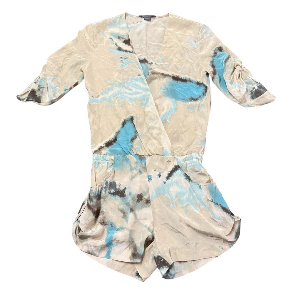 Armani Exchange A/X Women’s silk watercolor romper, pockets, faux wrap, Size 0